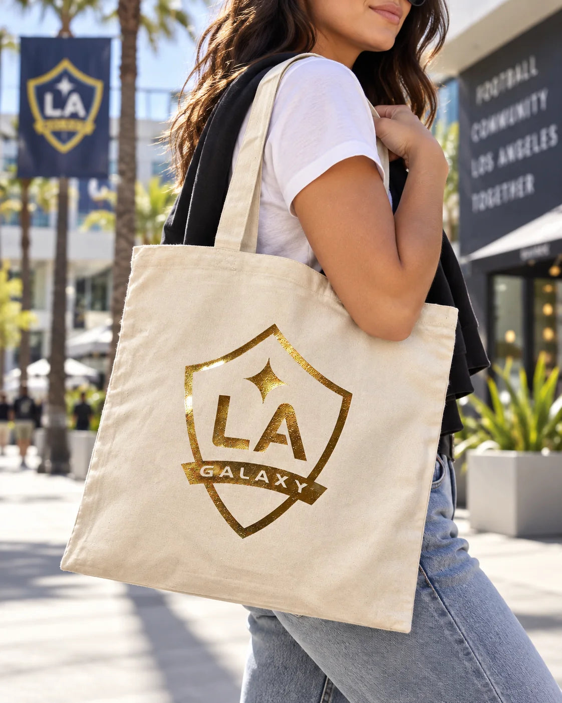 LA Galaxy tote shown over the shoulder