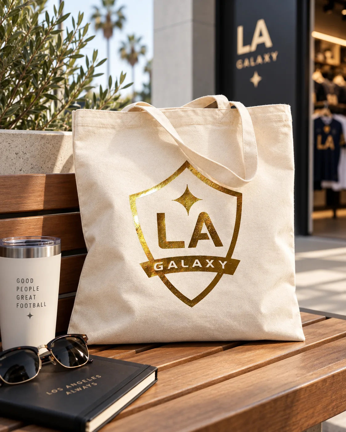 Natural canvas tote with gold foil in an outdoor setting