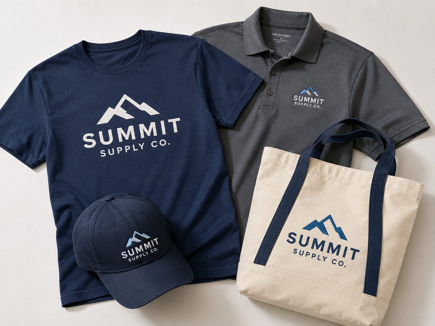 Company merch collection with custom printed t-shirt, embroidered polo, hat, and tote bag
