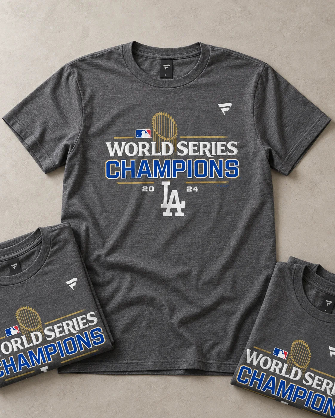 World Series Champions graphic on charcoal tees
