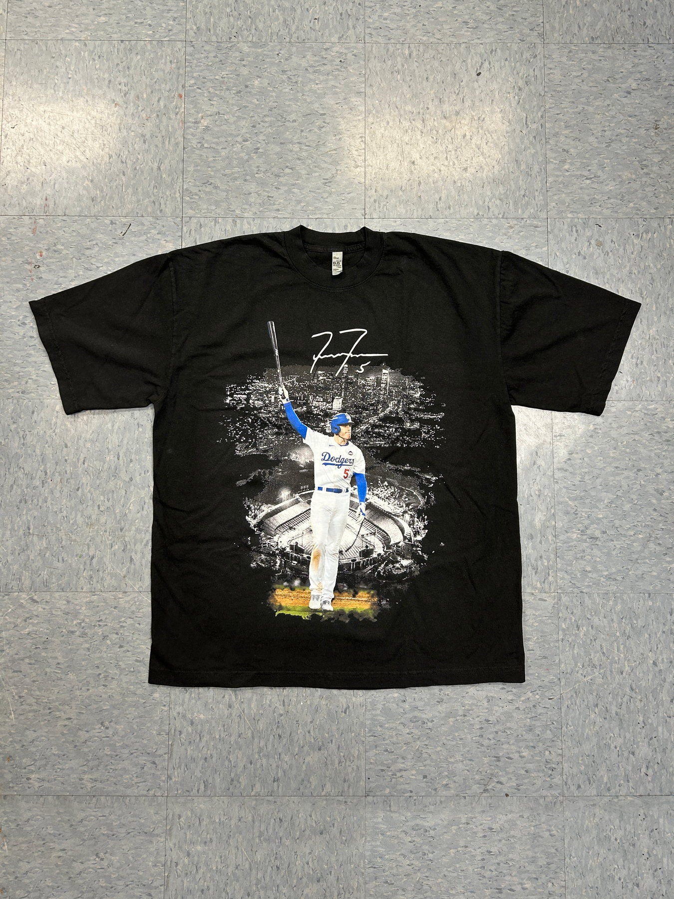 Black t-shirt with full-color baseball photo style print