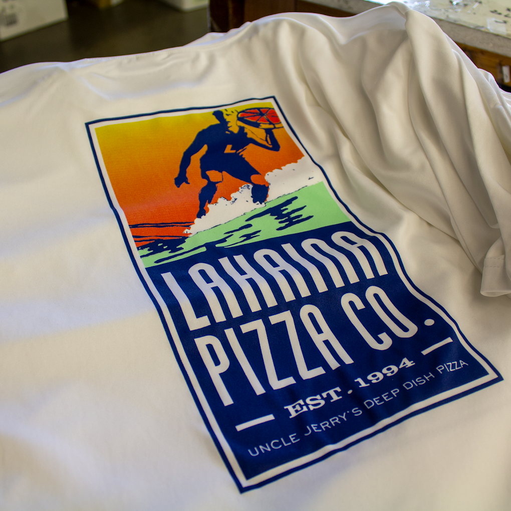 White shirt with a full-color restaurant logo print