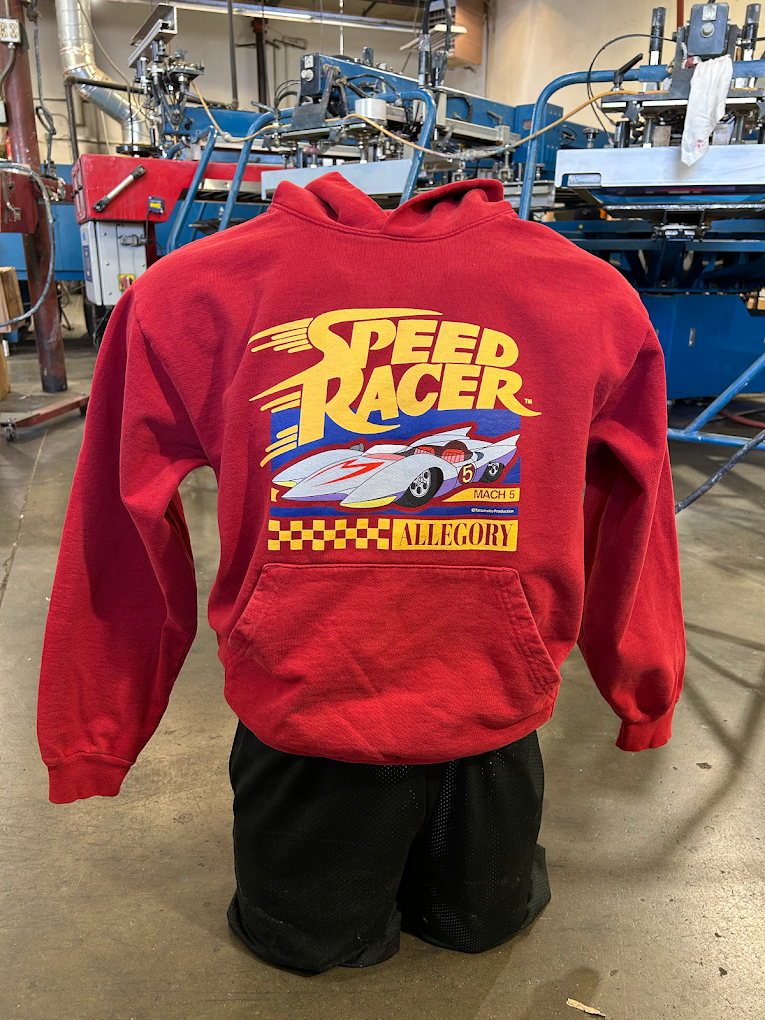 Red crewneck sweatshirt with a large racing-style back graphic
