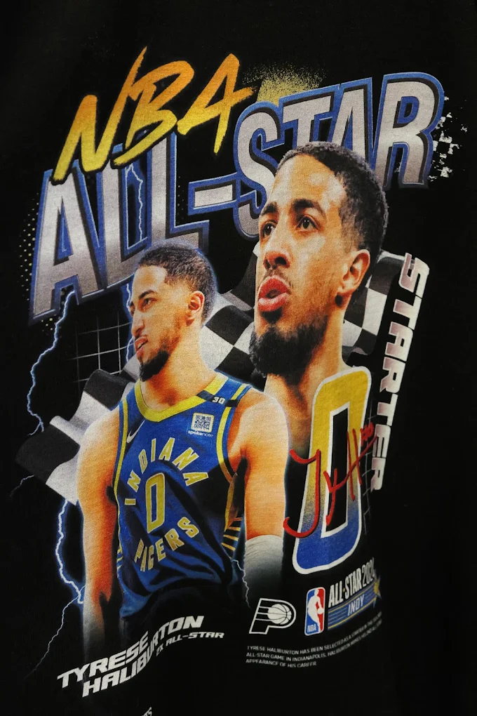 Black t-shirt with full-color player graphic artwork