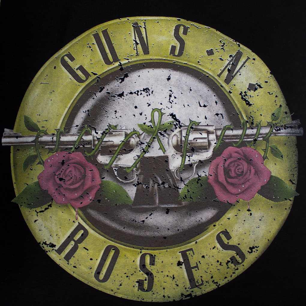 Black shirt with circular band-style graphic artwork