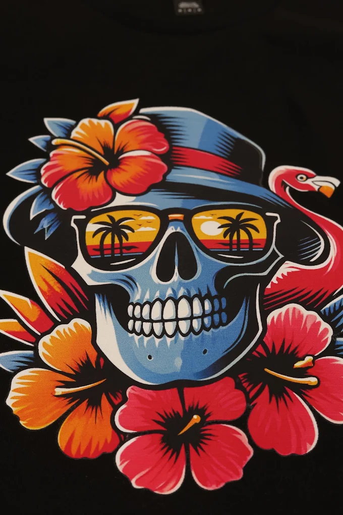 Black t-shirt with colorful tropical skull graphic print