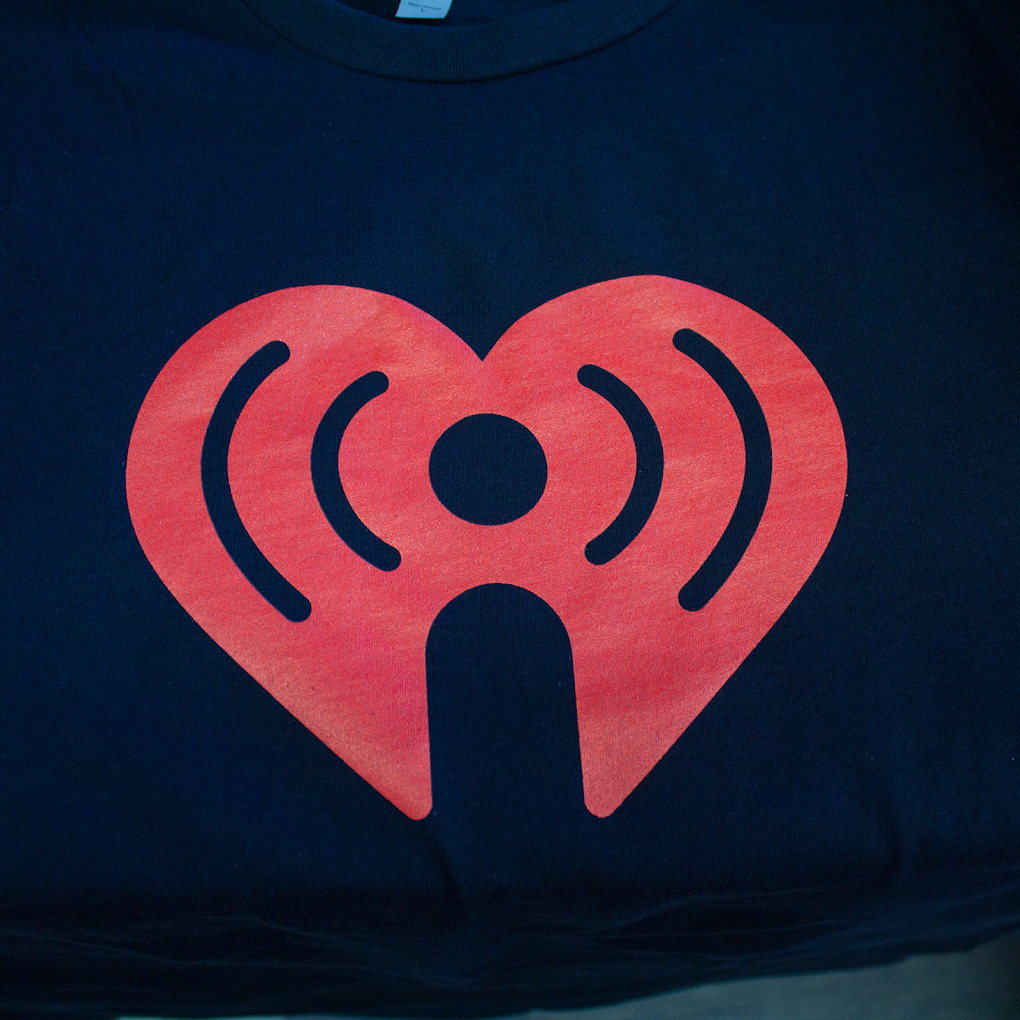 Blue crewneck with large red heart logo print