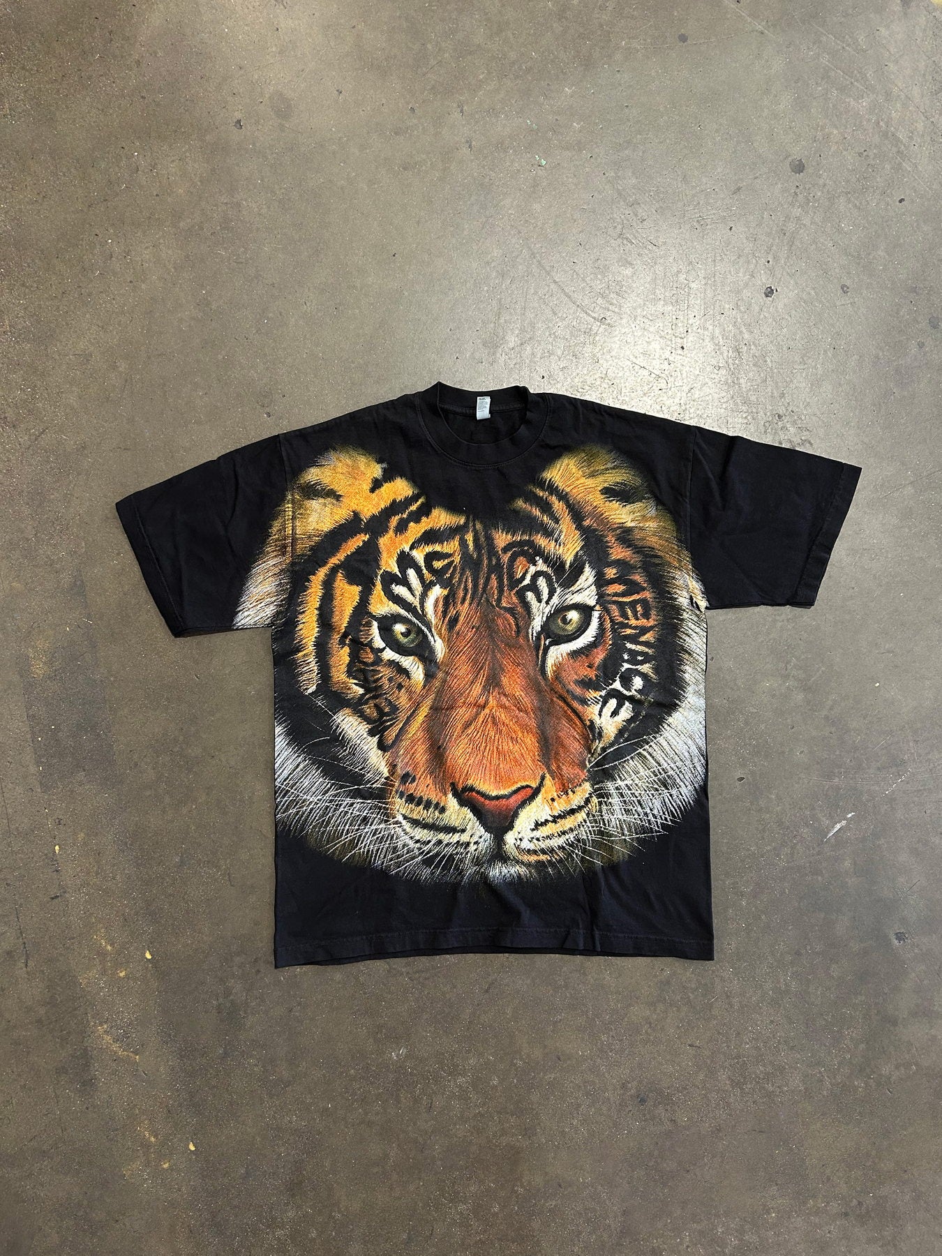 Black t-shirt with large tiger face full-front print
