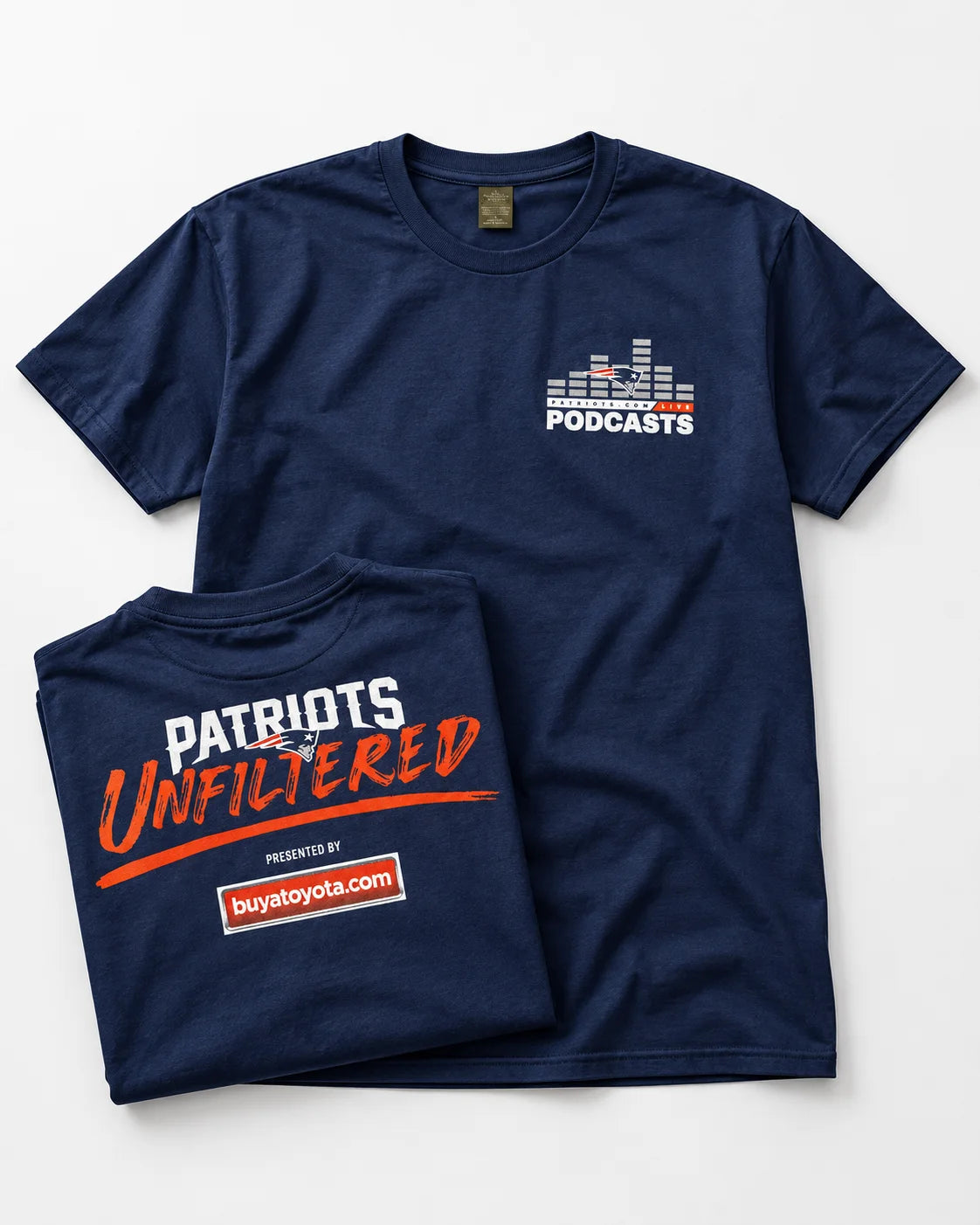 Patriots podcast tee with front and back graphics